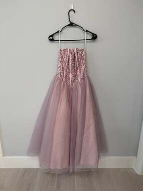 C.W. Designs Pink Sequin and Rhinestone Embellished Tulle Prom Gown